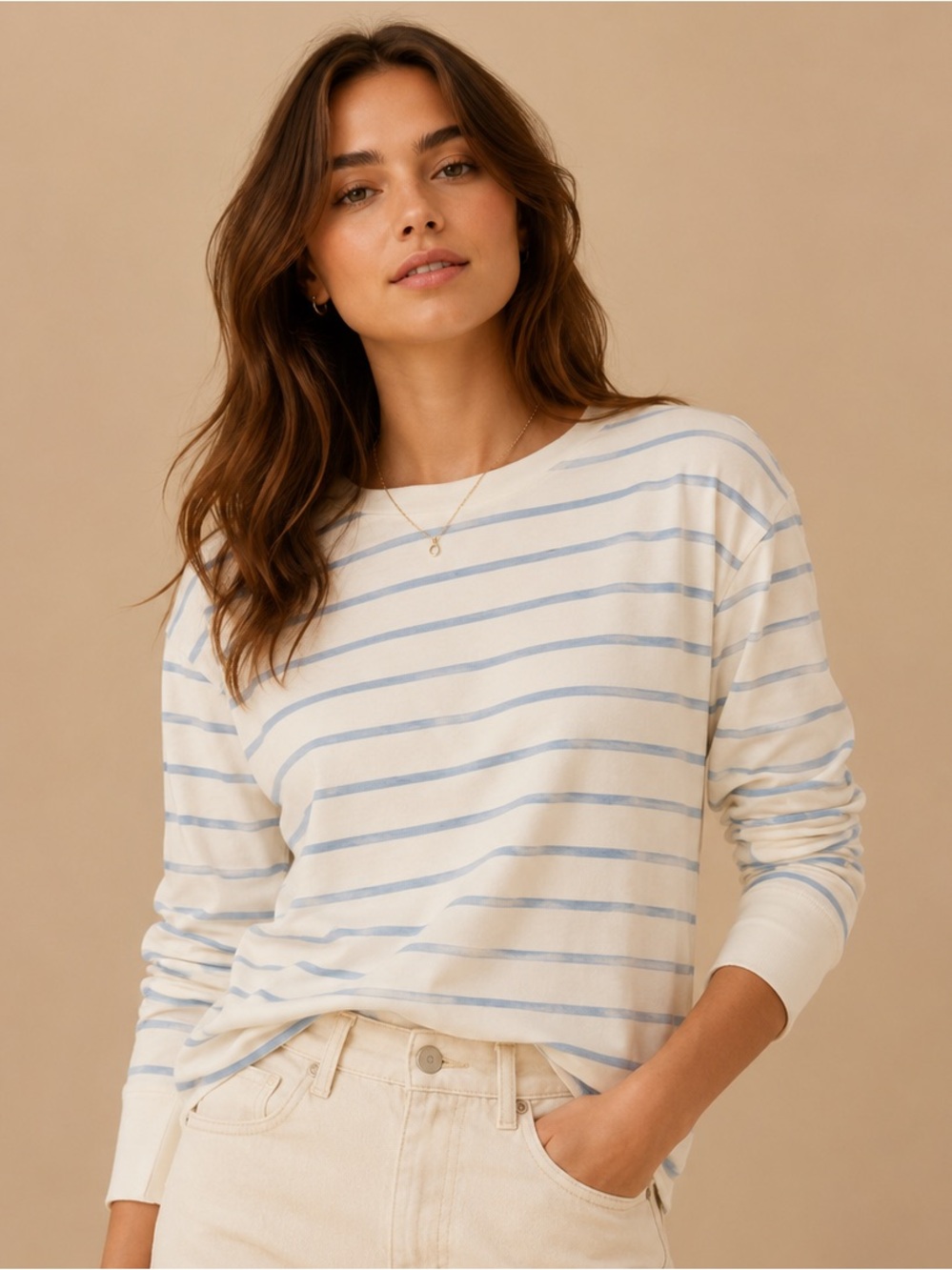 Evereve Cream & Light Blue Striped Long Sleeve Tee